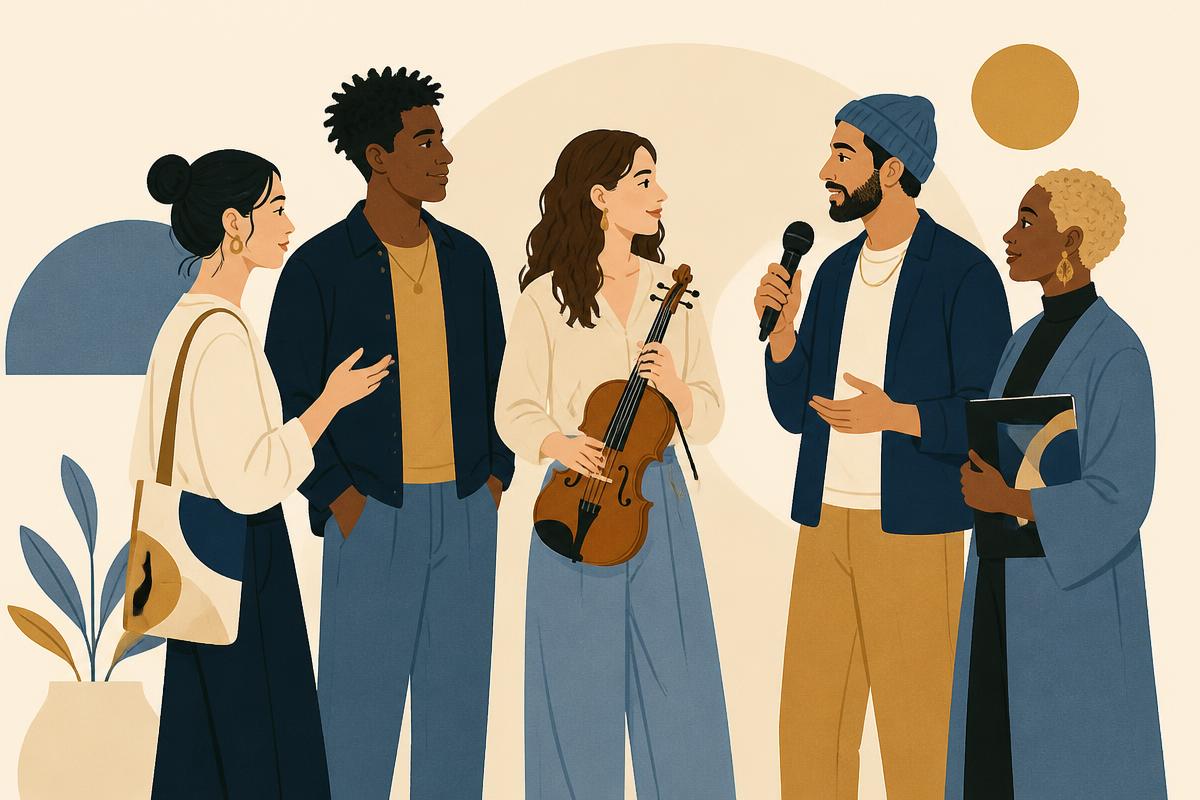 Illustration of a small group of performers networking together